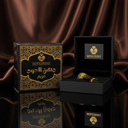 Gold ring in a black box with Esteban Crespo branding on a brown satin background
