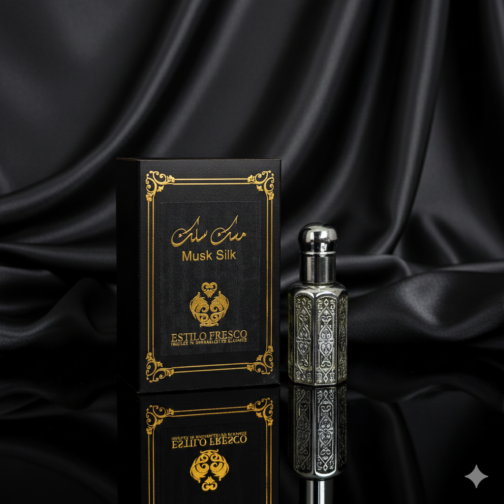 Perfume bottle and packaging with gold accents on a black satin background