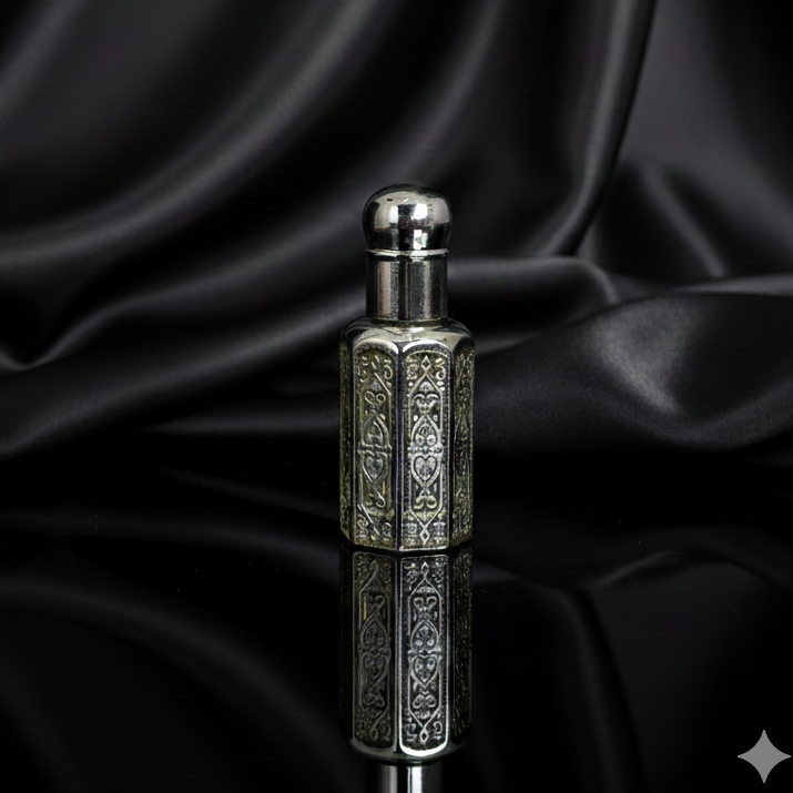 Silver perfume bottle on a black satin background